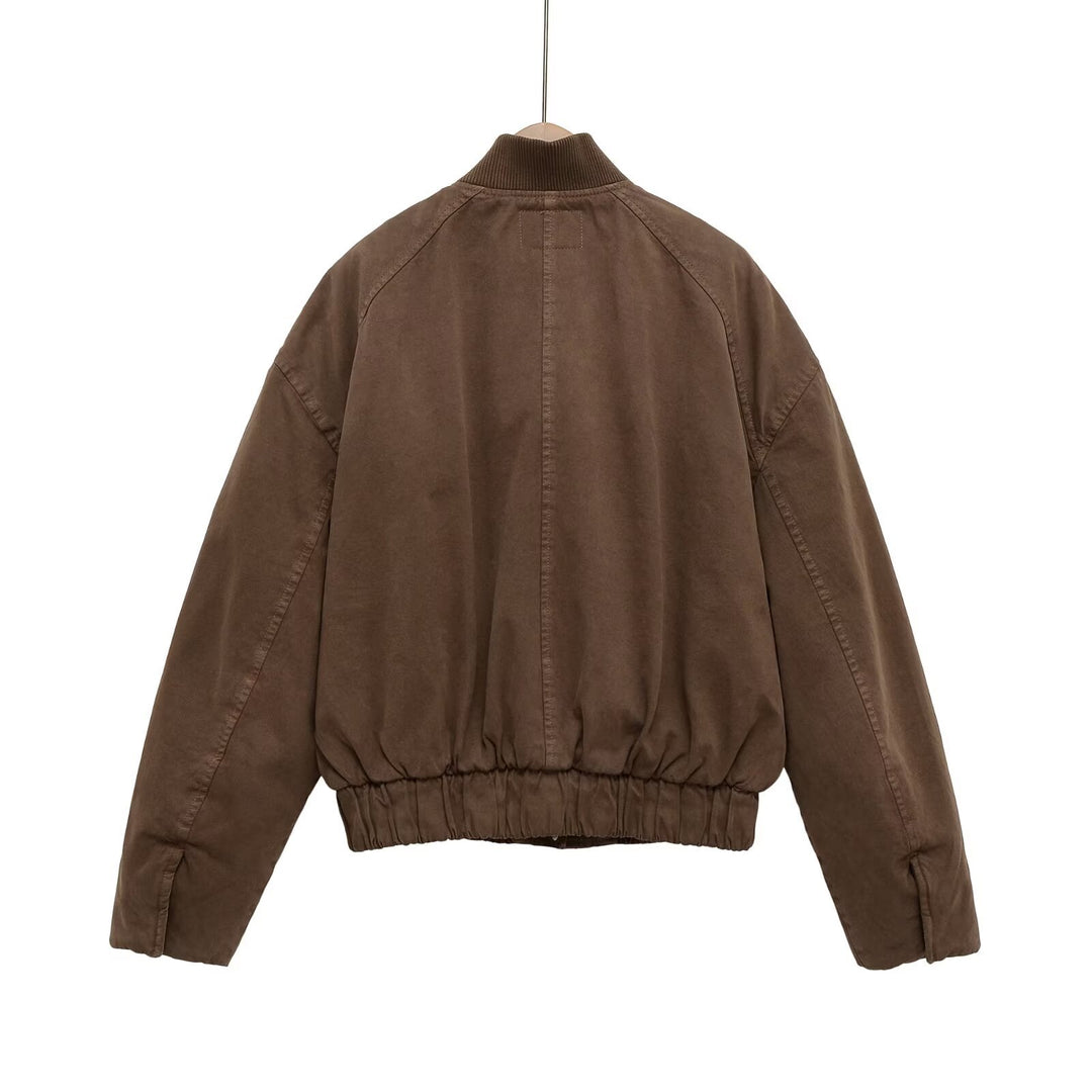 Women's Oversized Bomber Jacket with Gathered Hem and Ribbed Collar Mune Fashion