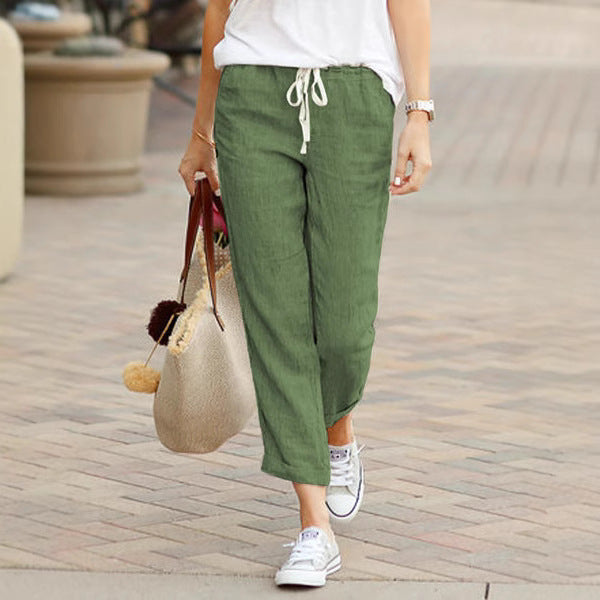 Women's lightweight linen blend pants with drawstring, loose culotte cut and ankle-length hem Mune Fashion