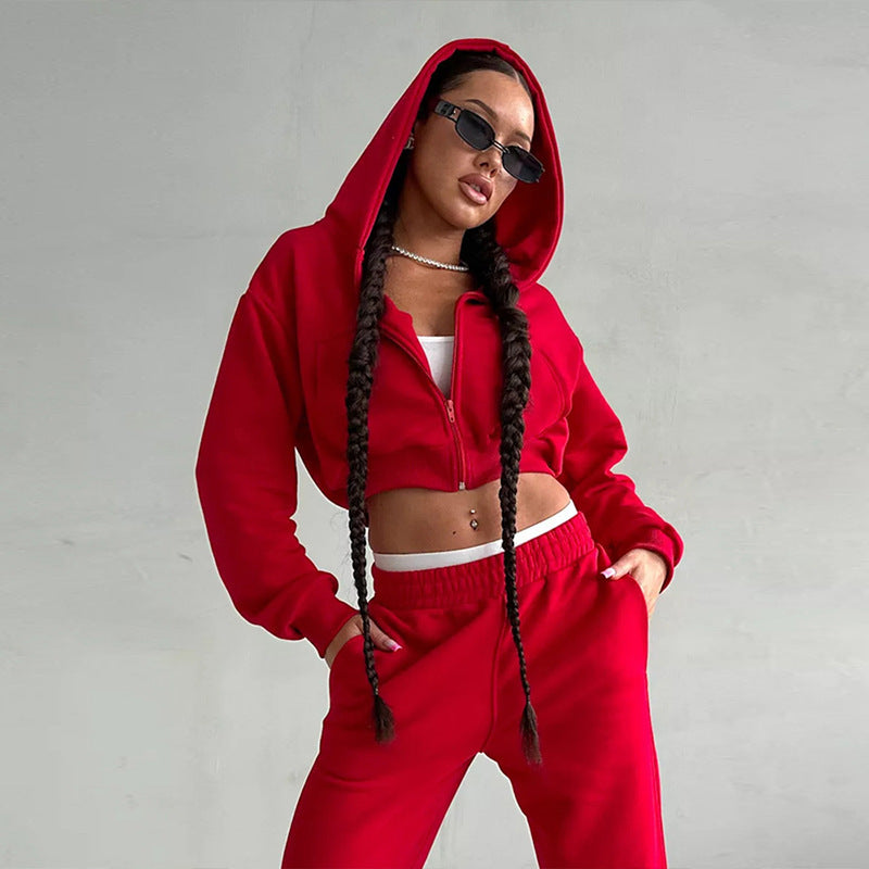 Women short zip hoodie with fitted cuff and wide high-waist French terry jogging pants set Mune Fashion