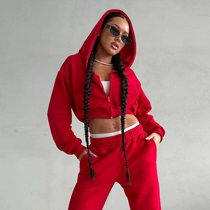 Women short zip hoodie with fitted cuff and wide high-waist French terry jogging pants set Mune Fashion
