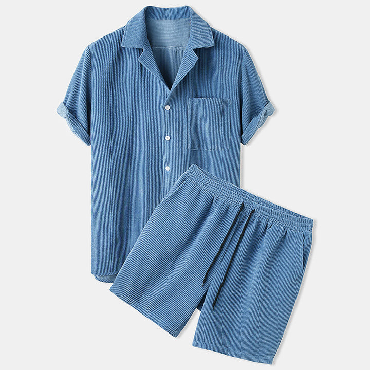 Men's short-sleeve leisure set with waffle texture, lapel collar and drawstring pants Mune Fashion