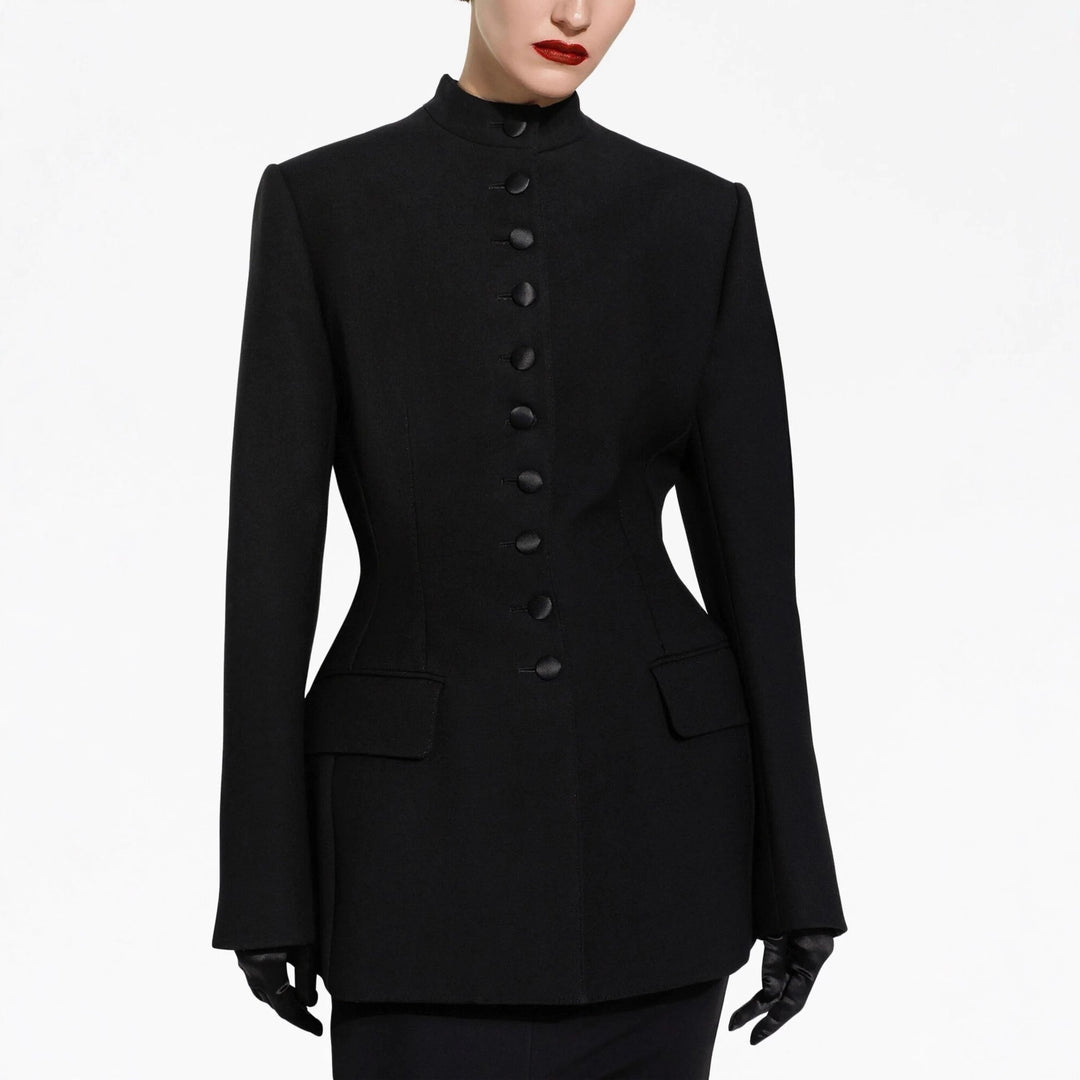 Women's Tailored Blazer with Stand-up Collar, Structured Shoulder and Decorative Button Placket Mune Fashion