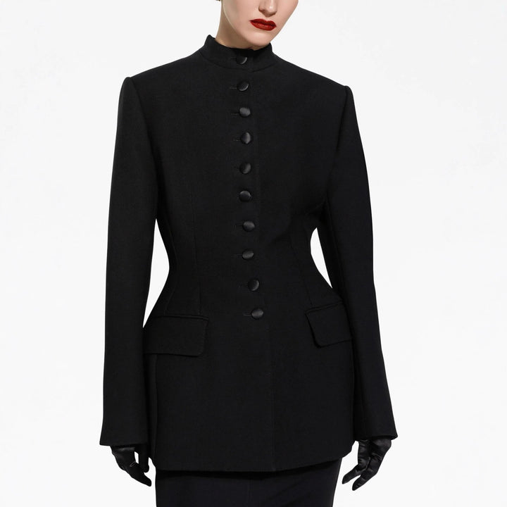 Women's Tailored Blazer with Stand-up Collar, Structured Shoulder and Decorative Button Placket Mune Fashion