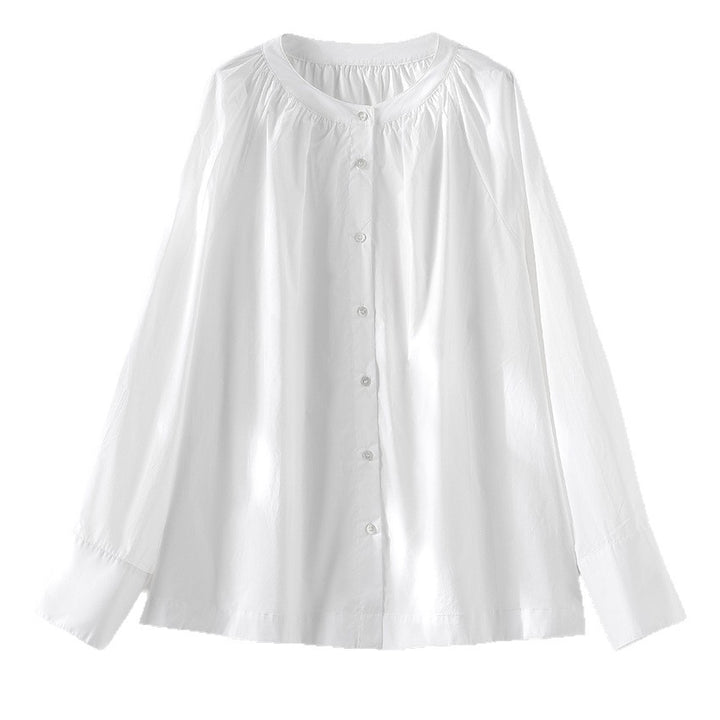 Women’s blouse with round neckline, full-button placket and gathered yoke Mune Fashion
