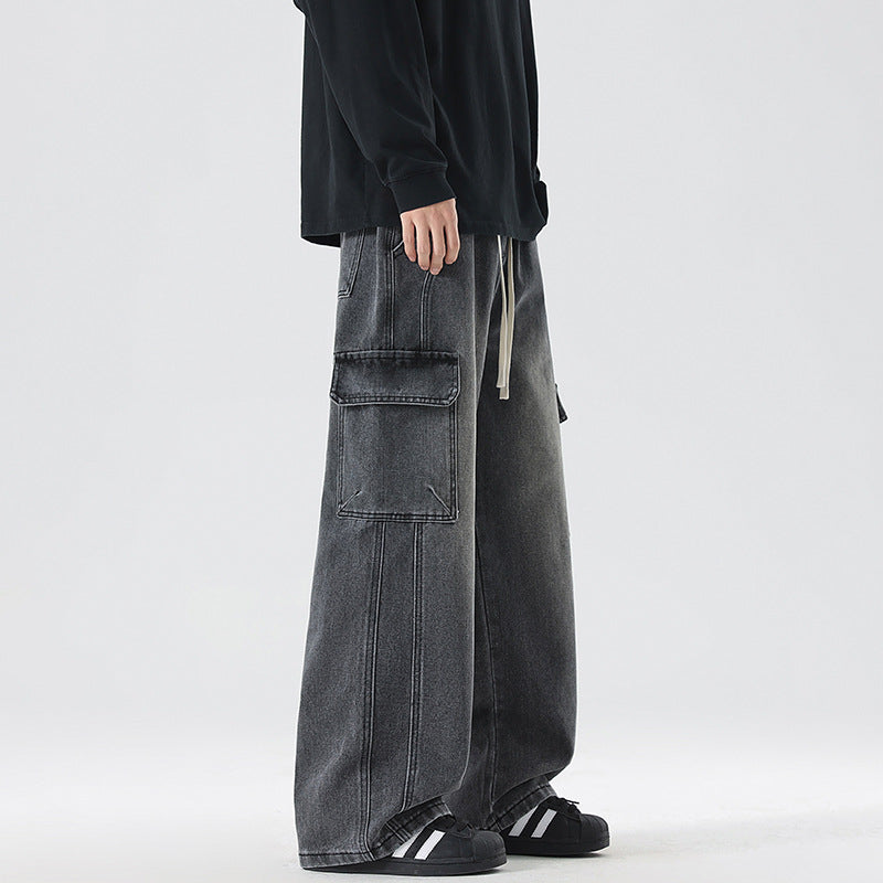 Men's Stonewashed Denim Cargo Palazzo with Extra Wide Legs and Visible Decorative Stitching Mune Fashion
