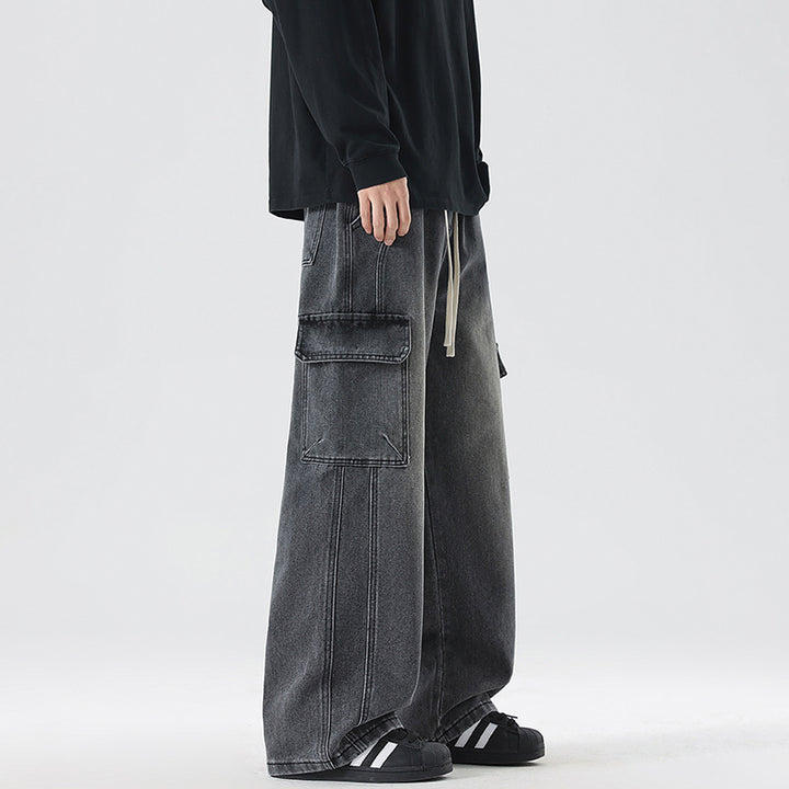 Men's Stonewashed Denim Cargo Palazzo with Extra Wide Legs and Visible Decorative Stitching Mune Fashion