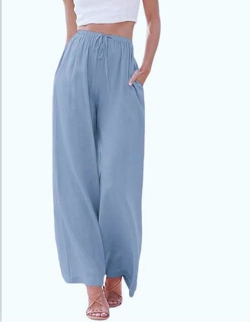 Women's wide linen pants with elastic waistband, drawstring, and side pockets Mune Fashion