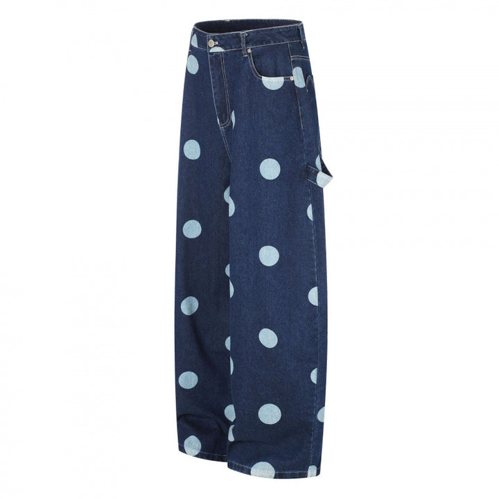 Women's Wide Cropped Jeans with High Waist, Polka Dot Print and Carpenter Details Mune Fashion