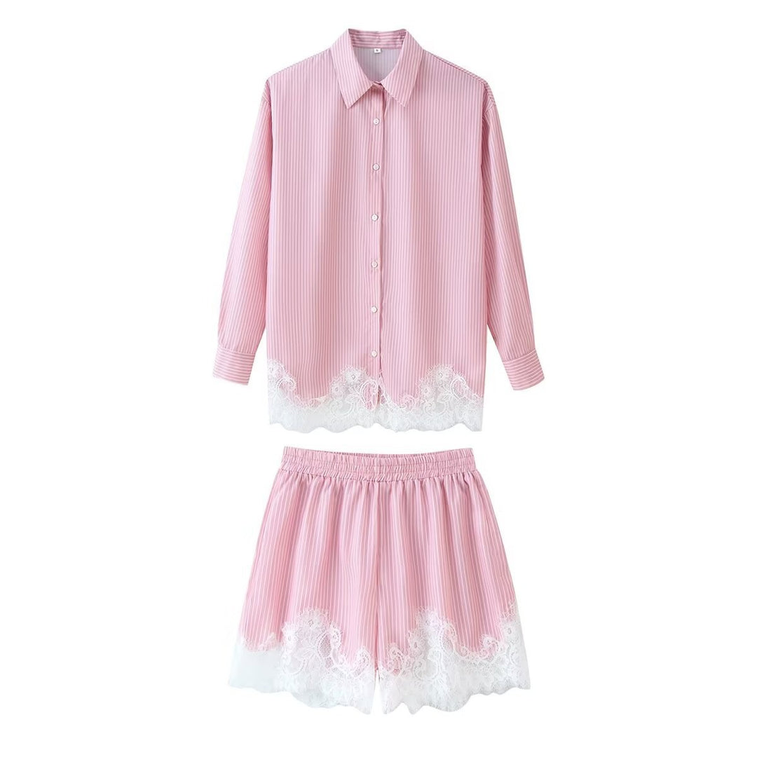 Women's two-piece satin pajama set with shirt blouse, elastic waistband shorts, and lace trim Mune Fashion