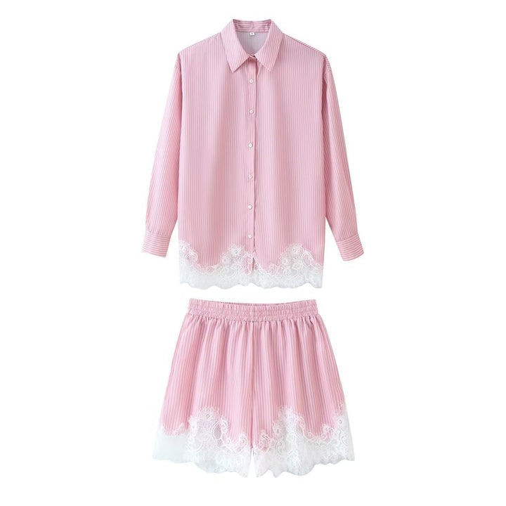 Women's two-piece satin pajama set with shirt blouse, elastic waistband shorts, and lace trim Mune Fashion