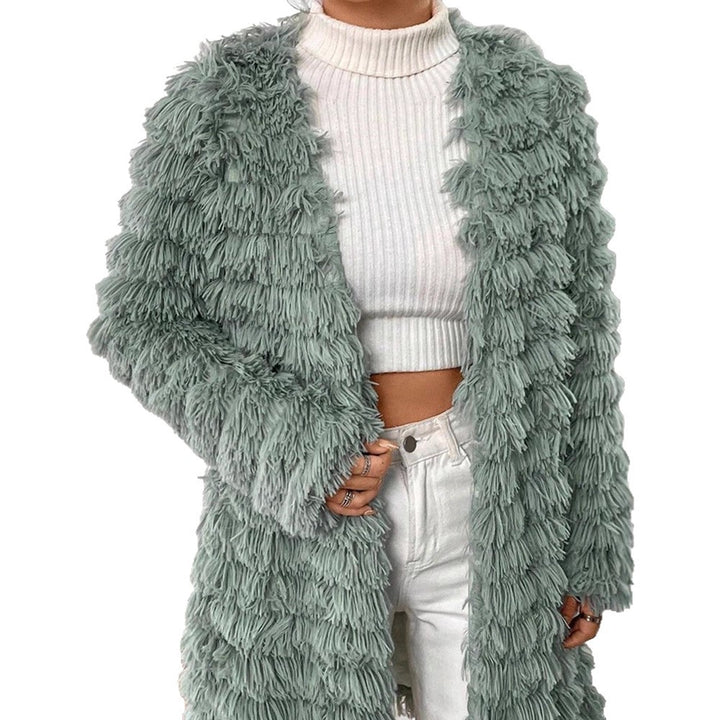Women Midi-length Plush Coat with Fringe Structure and Open Silhouette Mune Fashion