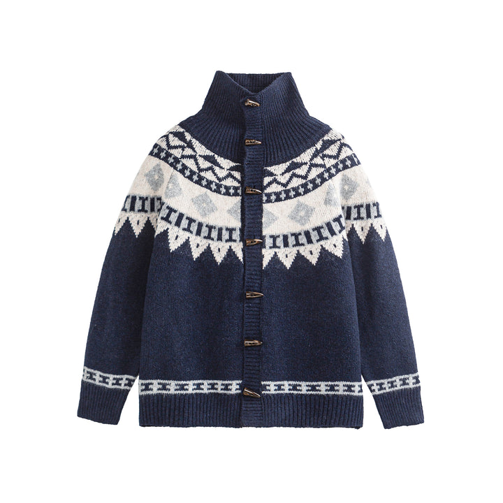 Women's Norwegian pattern knitted cardigan with high stand collar and toggle closures Mune Fashion