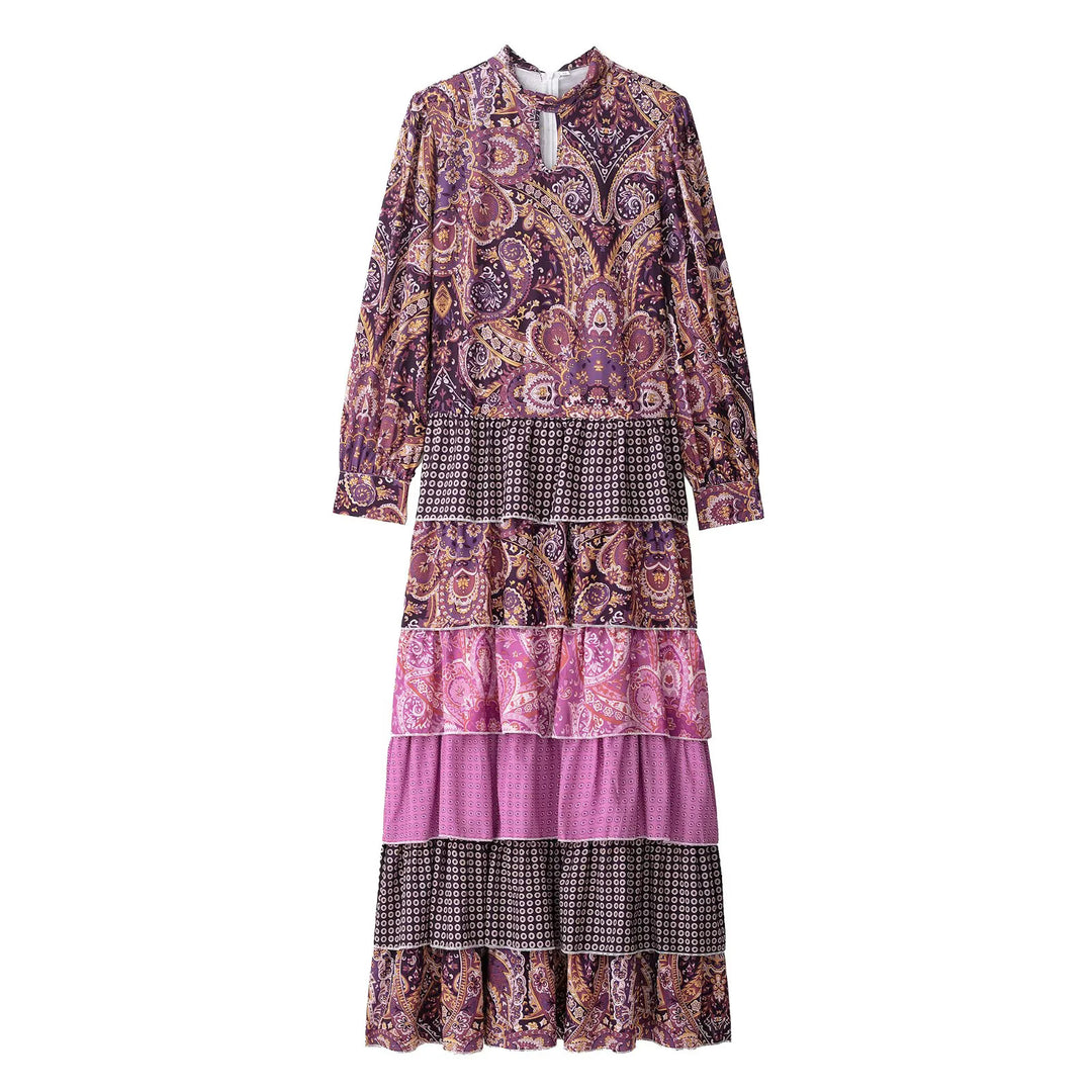 Women's layered maxi dress with paisley patchwork, bow collar, and long cuffed sleeves Mune Fashion