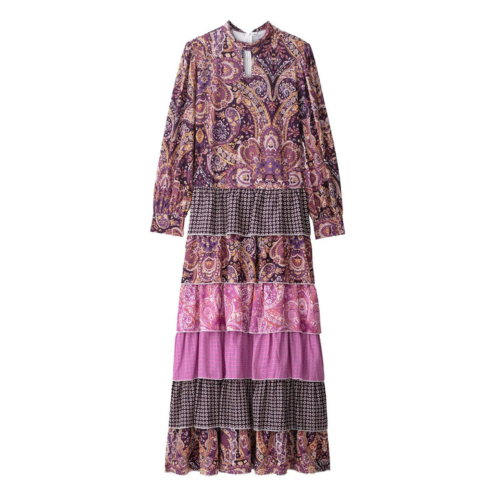 Women's layered maxi dress with paisley patchwork, bow collar, and long cuffed sleeves Mune Fashion