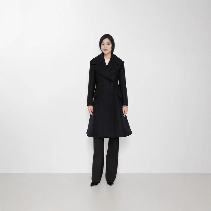 Women's Tailored Double-Breasted Wool Coat with Wide Shawl Collar and Flared Hem Mune Fashion