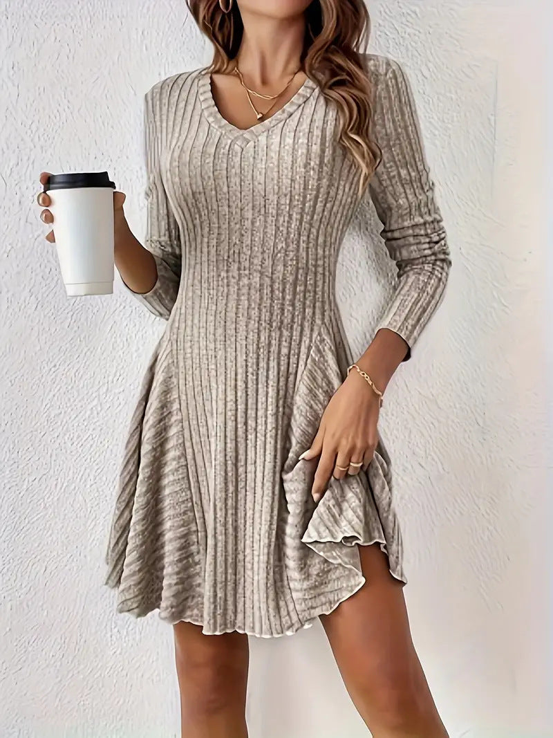 Women's Ribbed V-Neck Mini Dress with Flared Skirt and Patch Pockets Mune Fashion