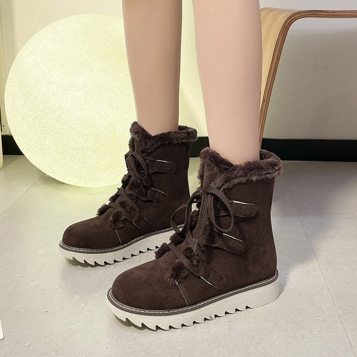Women's Winter Lace-Up Boots in Trekking Look with Teddy Lining and Notched Wedge Sole Mune Fashion