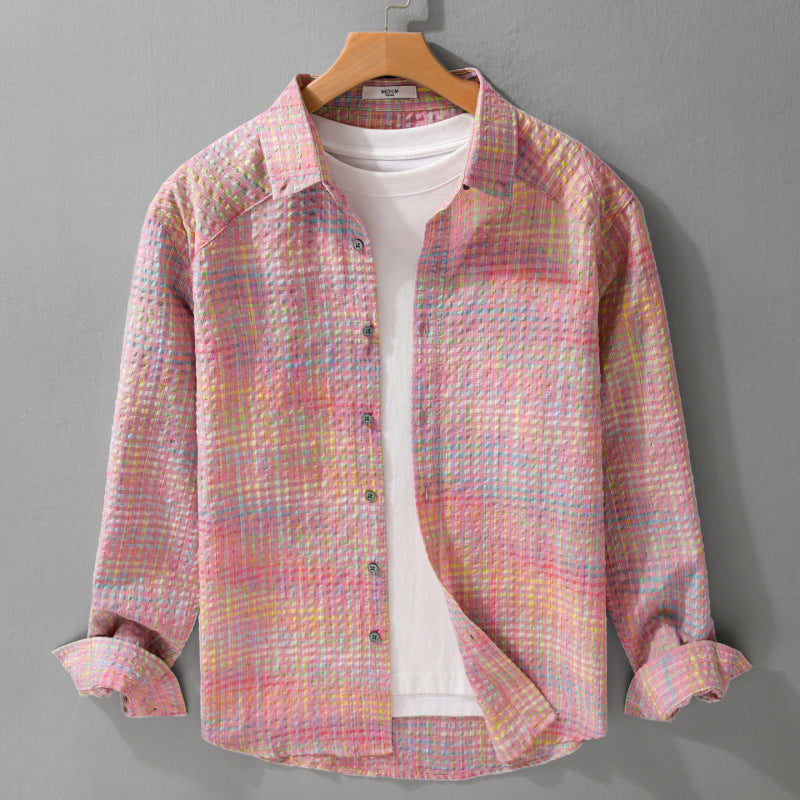 Women's Lightweight Crinkle Check Shirt in Overshirt Style with Watercolor Check and Relaxed Fit Mune Fashion