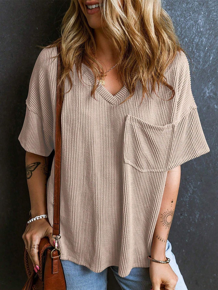 Women's Casual Ribbed Oversized T-Shirt with V-Neck and Breast Pocket Mune Fashion