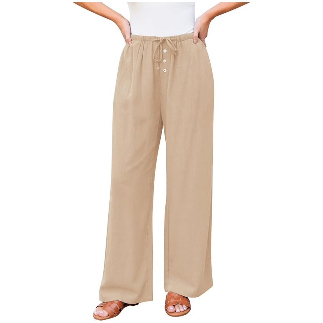 Women's wide linen pants with elastic waistband, drawstring, and button placket Mune Fashion