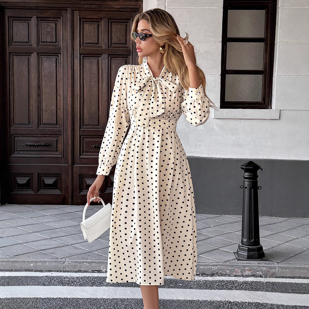 Women’s Midi Dress with Bow Collar and Dots Mune Fashion