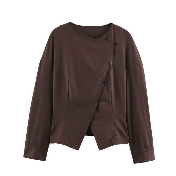 Women Asymmetric Wrap Jacket with Decorative Button Placket and Dropped Shoulders Mune Fashion