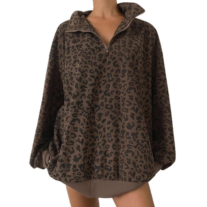 Women Patterned Oversized Pullover with Stand-Up Collar Mune Fashion