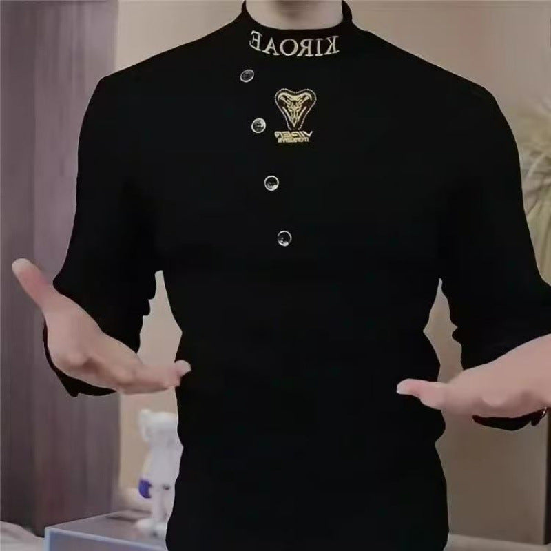 Men's Fitted Long Sleeve Shirt with Stand-Up Collar, Asymmetrical Button Placket and Logo Embroidery Mune Fashion