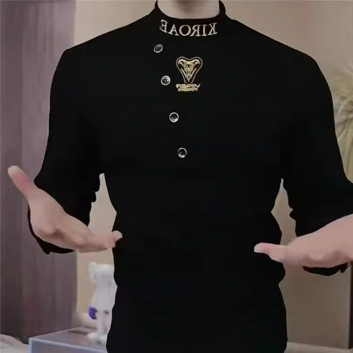 Men's Fitted Long Sleeve Shirt with Stand-Up Collar, Asymmetrical Button Placket and Logo Embroidery Mune Fashion