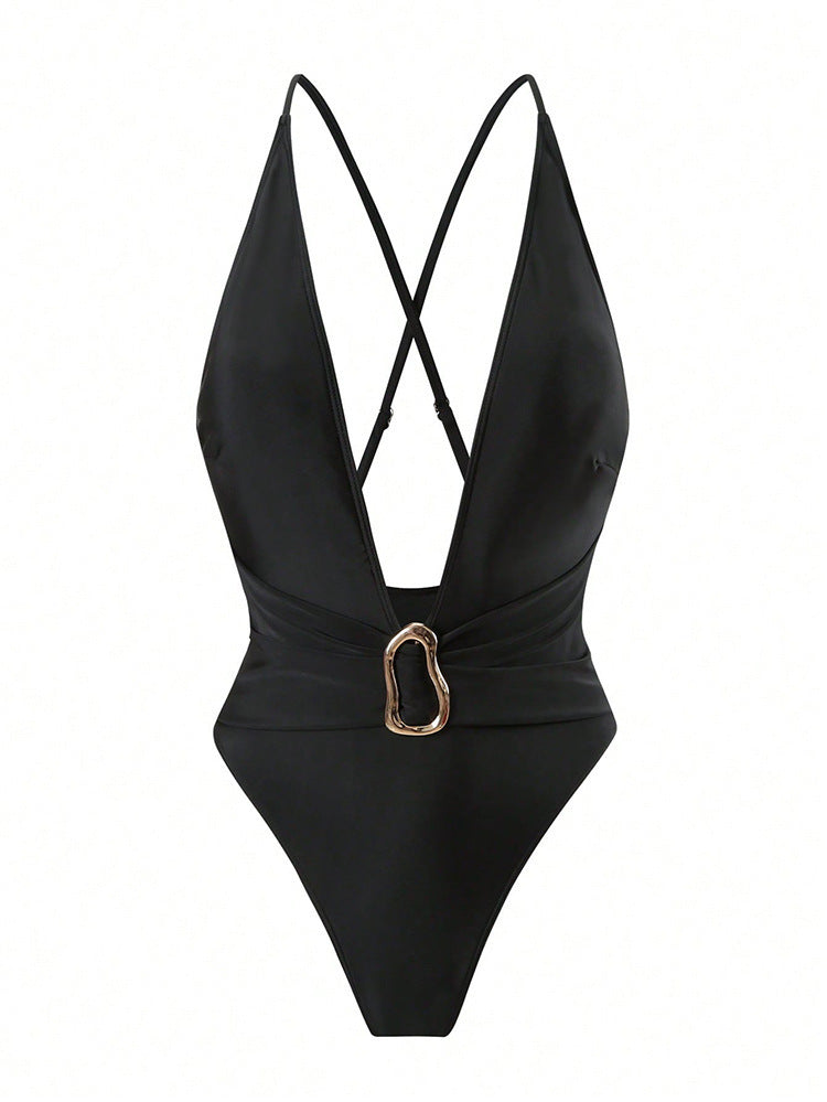 Ladies Elegant One-Piece Swimsuit with Refined V-Neck and Adjustable Straps Mune Fashion