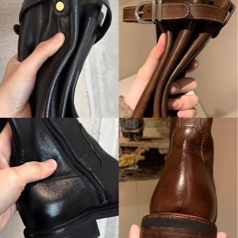Ladies knee-high leather boots with flat profile sole and decorative strap Mune Fashion