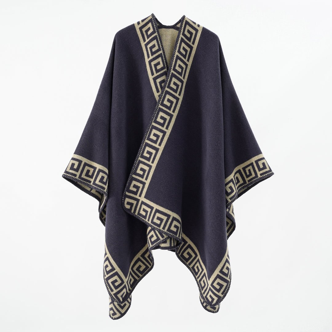 Women's Cape Poncho with Meander Border and Wool Mix Quality Mune Fashion