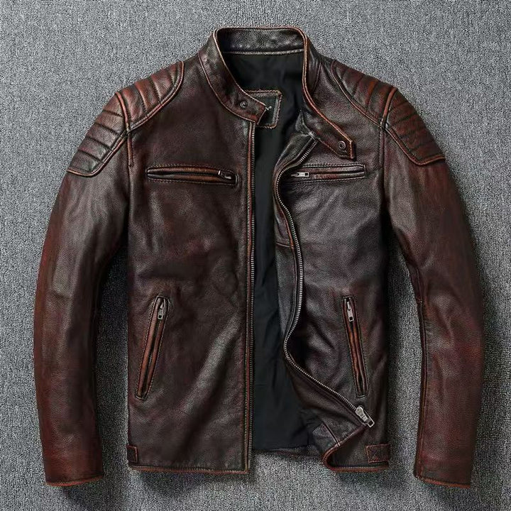 Men's leather jacket in vintage biker style with chest pockets and zipper Mune Fashion