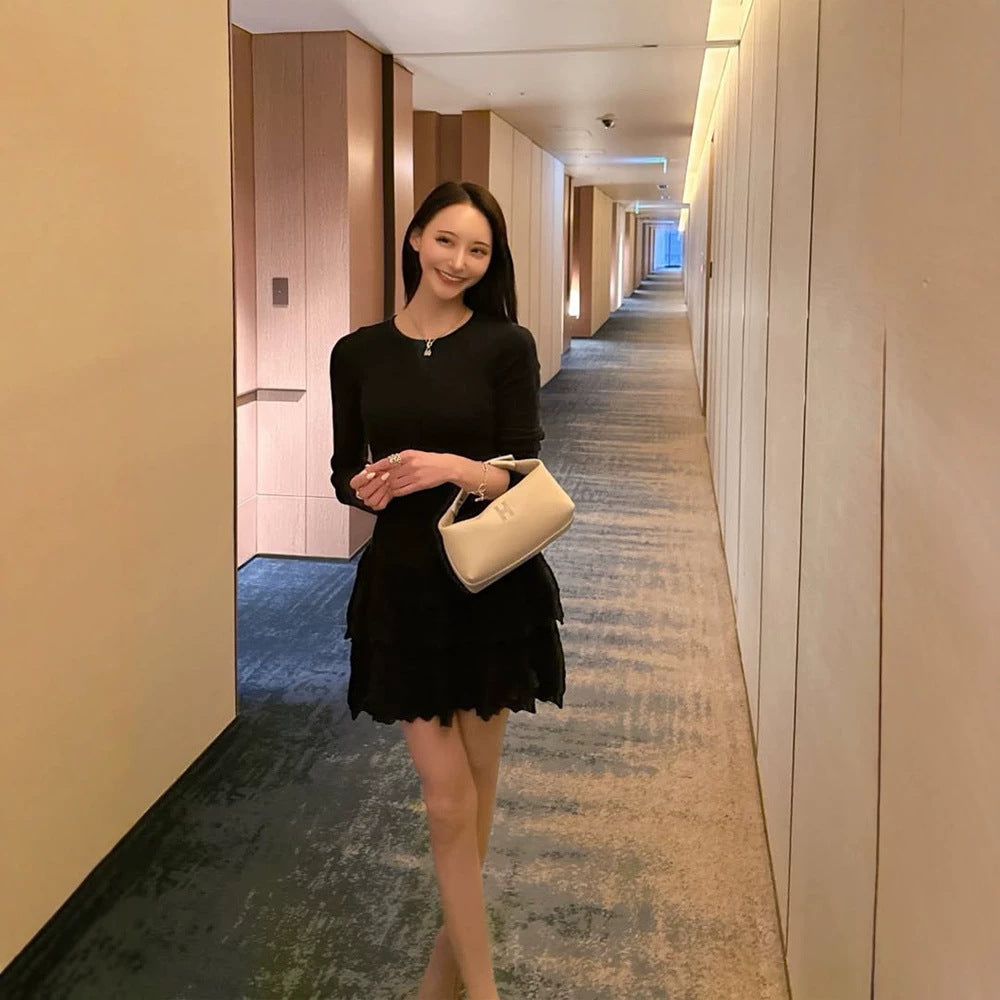 Women Figure-Hugging Knit Mini Dress with Ruffle Layers and Long Sleeves Mune Fashion