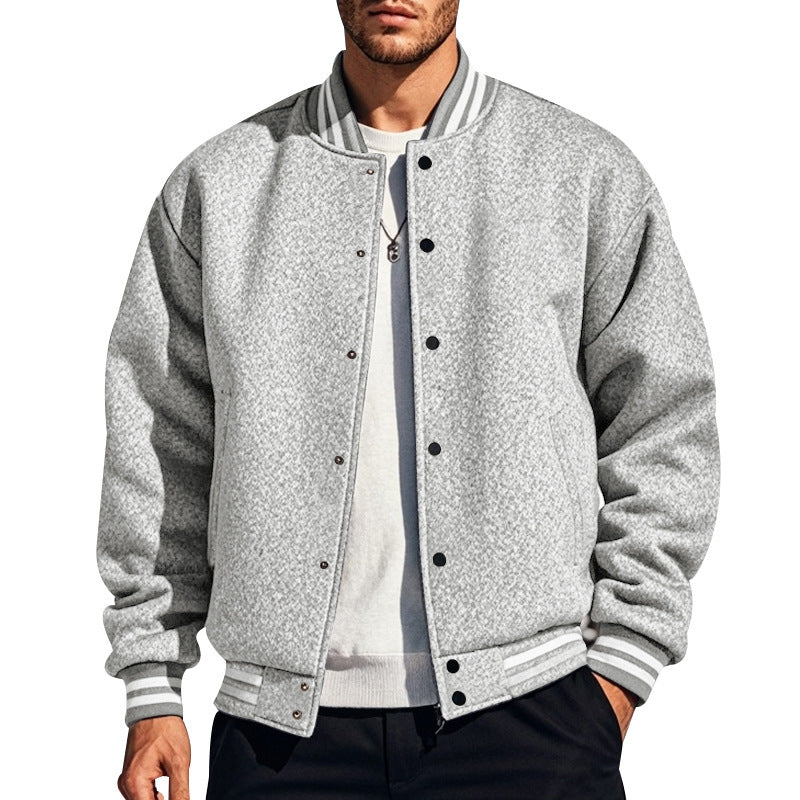 Men's classic college baseball jacket with elastic ribbed cuffs, snap button placket, and patch pockets Mune Fashion
