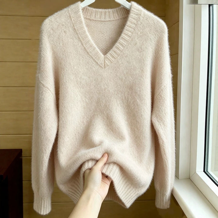 Women Fluffy Mohair-Mix Oversize Sweater with Deep V Neck Mune Fashion