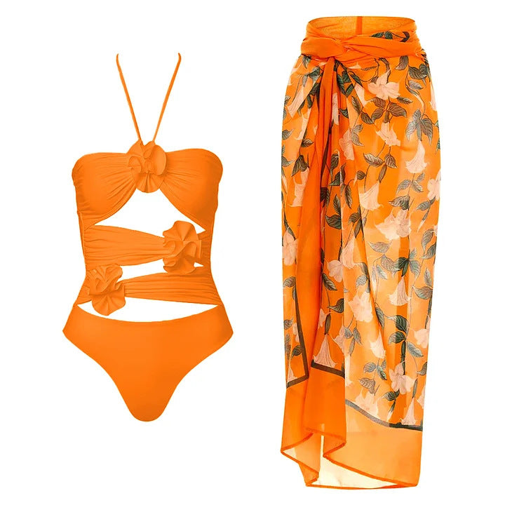 Women's One-Piece Swimsuit with Floral Cut-Out and Ruffles Mune Fashion