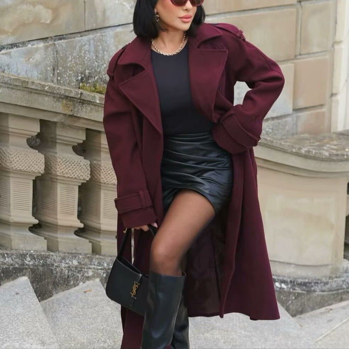 Women Maxilength Wool Blend Trench Coat with Shoulder Yoke, Tie Belt and Roll-Up Sleeves Mune Fashion