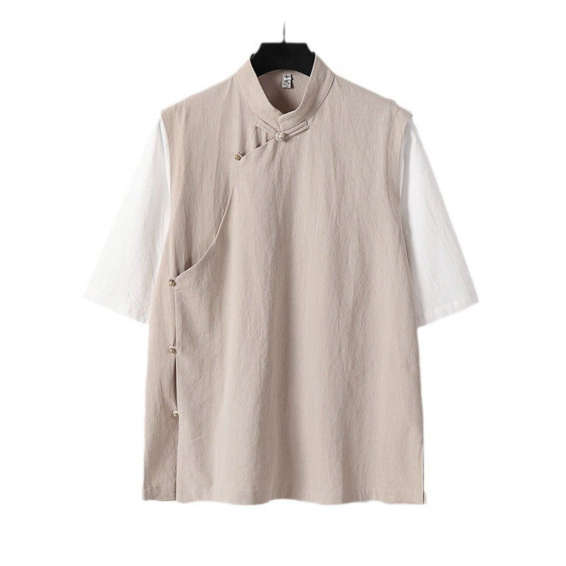 Men's Asymmetrical Linen Vest with Stand Collar and Side Button Placket Mune Fashion