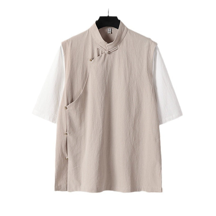Men's Asymmetrical Linen Vest with Stand Collar and Side Button Placket Mune Fashion