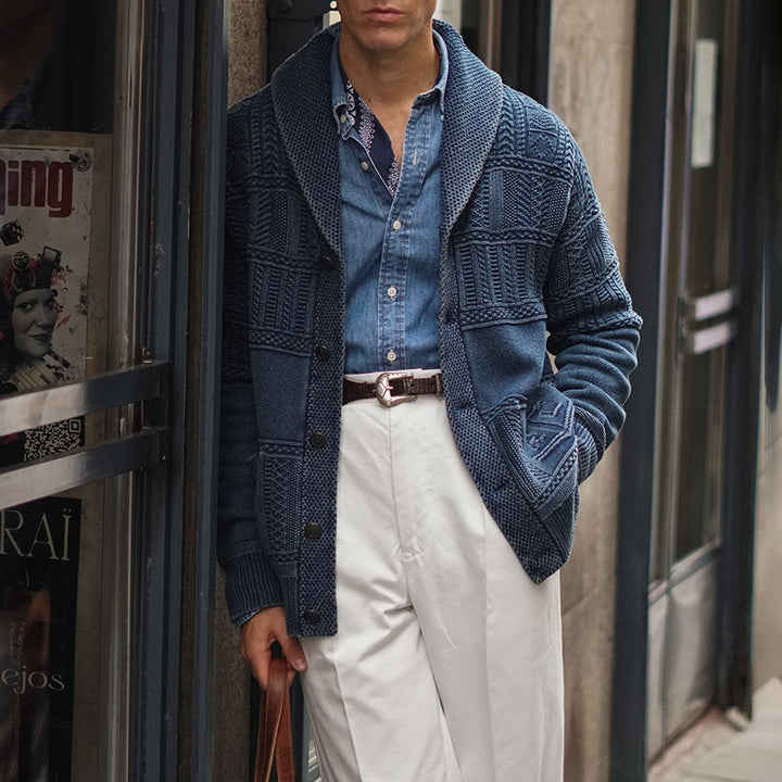 Men's Knitted Shawl Collar Cardigan with Textured Knit and Patch Pockets Mune Fashion