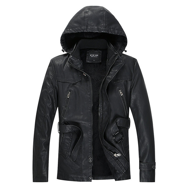 Men's padded faux leather jacket with hood, warm teddy lining and belt detail Mune Fashion