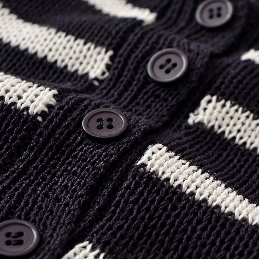 Women's Striped Fine Knit Sweater with Button Placket and Round Neck Mune Fashion