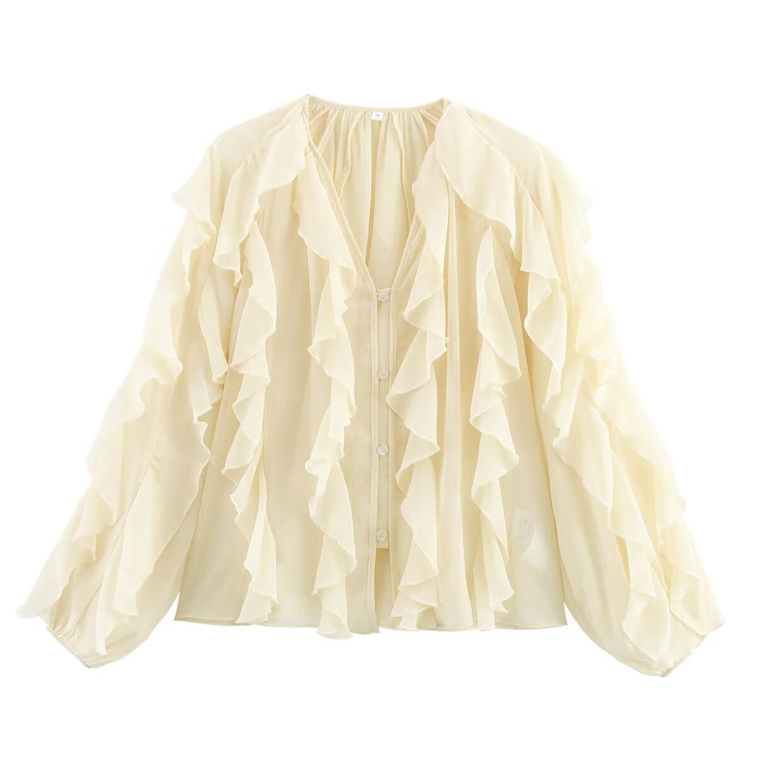 Ladies Ruffle Chiffon Blouse with V-Neck, Button Placket and Balloon Sleeves Mune Fashion
