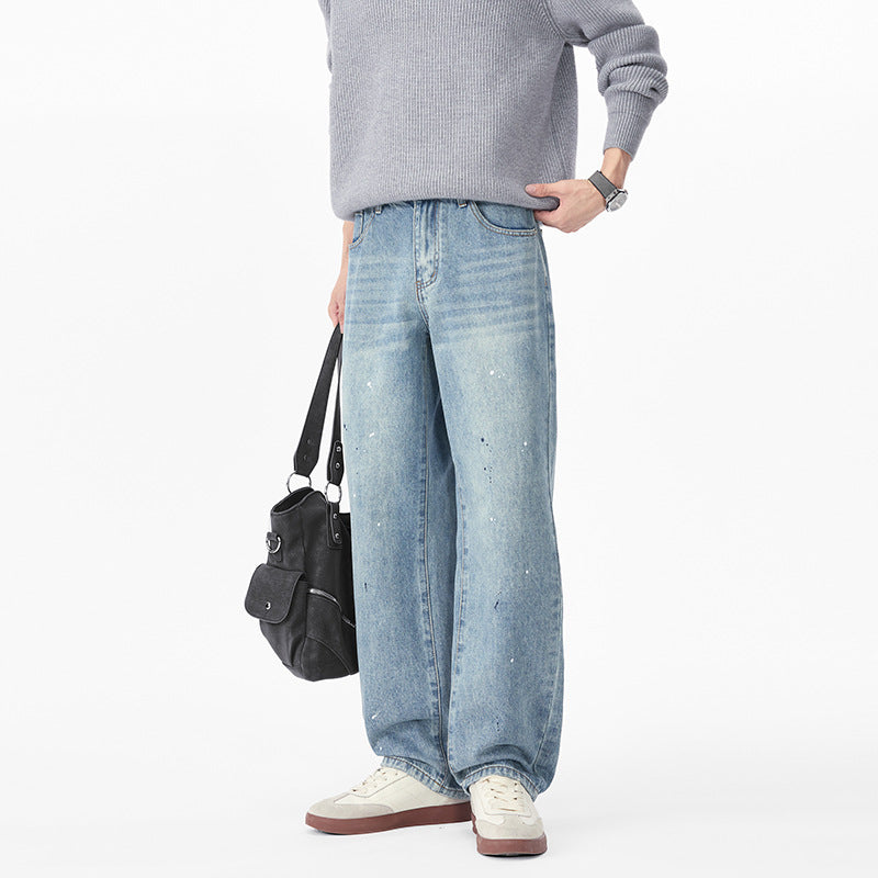 Men's Relaxed-Fit Denim Pants with Paint-Splatter and Straight Leg Mune Fashion
