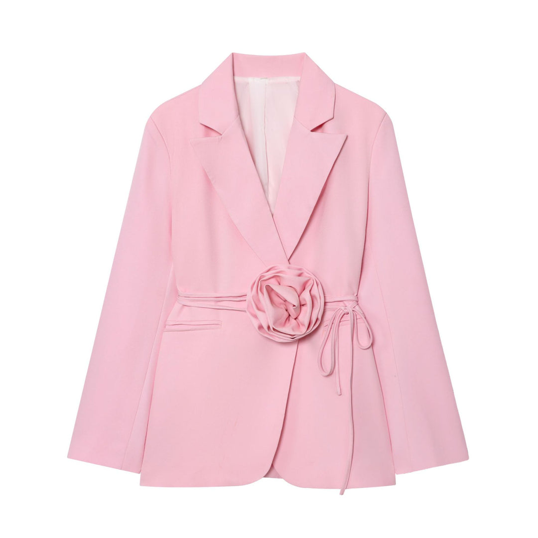 Women's tailored blazer with decorative rose appliqué and tie belt Mune Fashion