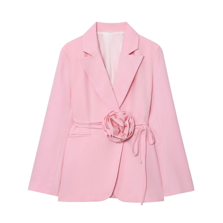 Women's tailored blazer with decorative rose appliqué and tie belt Mune Fashion