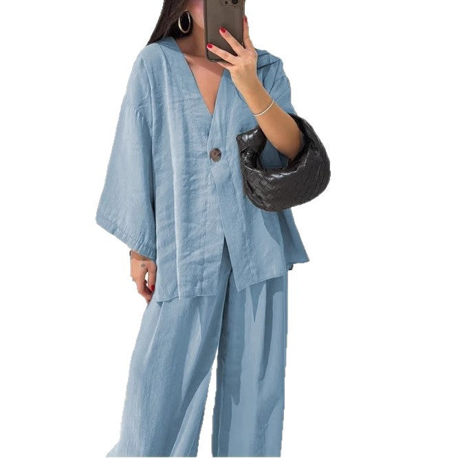 Women's relaxed two-piece linen set with kimono-style oversized jacket and wide palazzo pants Mune Fashion