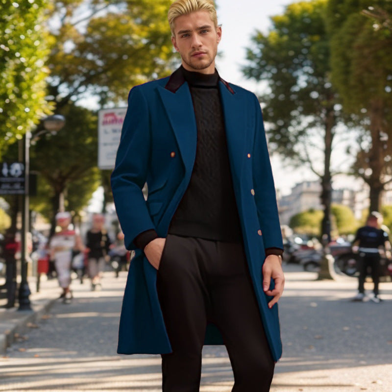 Men's Modern Urban Coat with Double Button Placket and Velvet Collar Mune