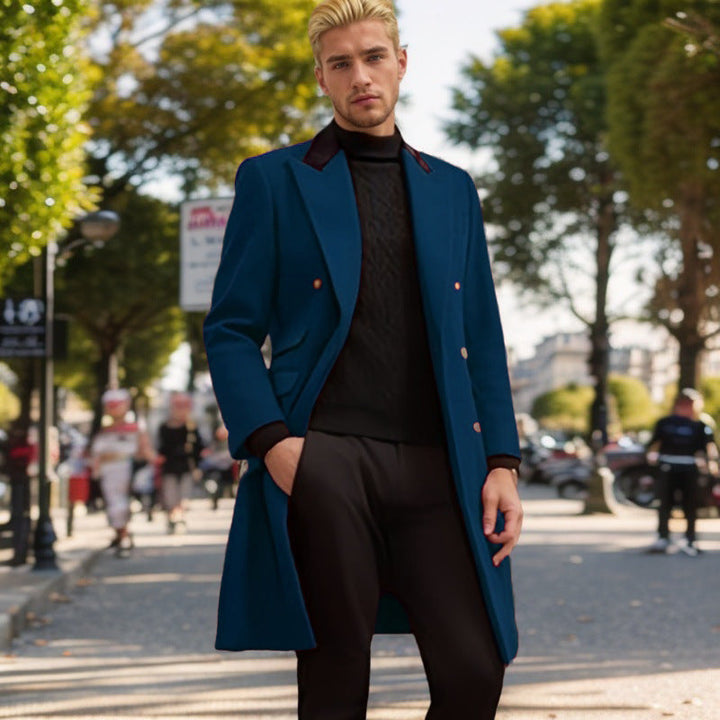 Men's Modern Urban Coat with Double Button Placket and Velvet Collar Mune